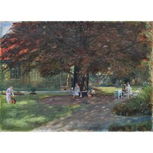 J.w. Schmidt "walk In The Garden" 1925 Oil On Canvas 50x65